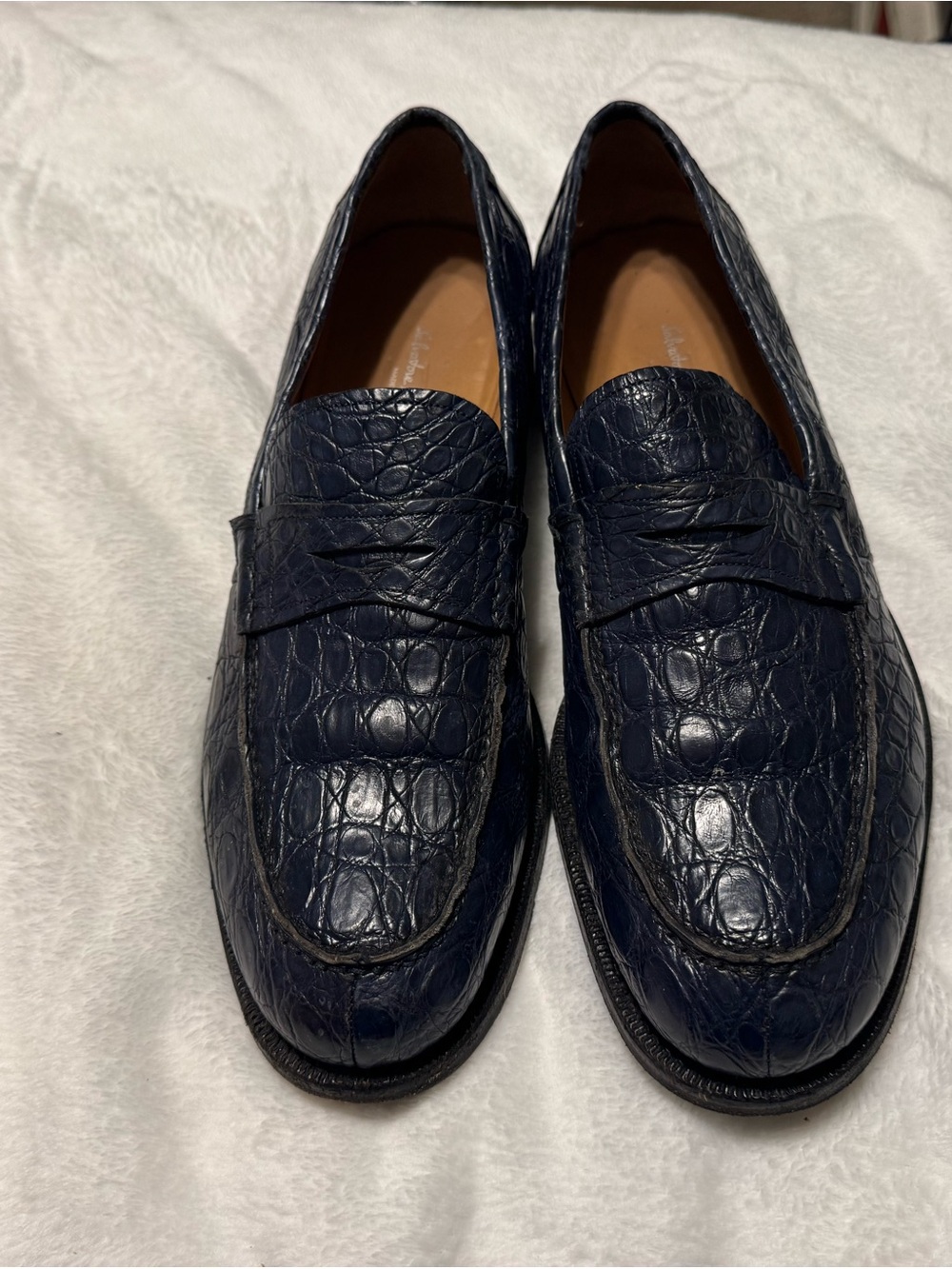 Salvatore Ferragamo Navy Alligator Leather Penny Loafers